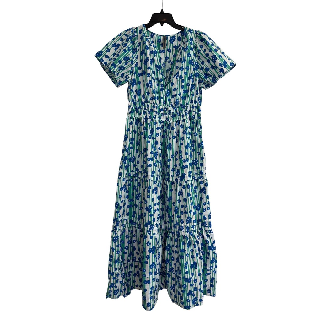 Anthropologie Floral Striped Tiered Maxi Dress Cotton Blue Green White Size L - Picture 2 of 11